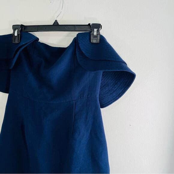 C/MEO Collective Navy Blue Ruffle Off Shoulder Crepe Slit Front Cocktail Medium - Picture 7 of 12